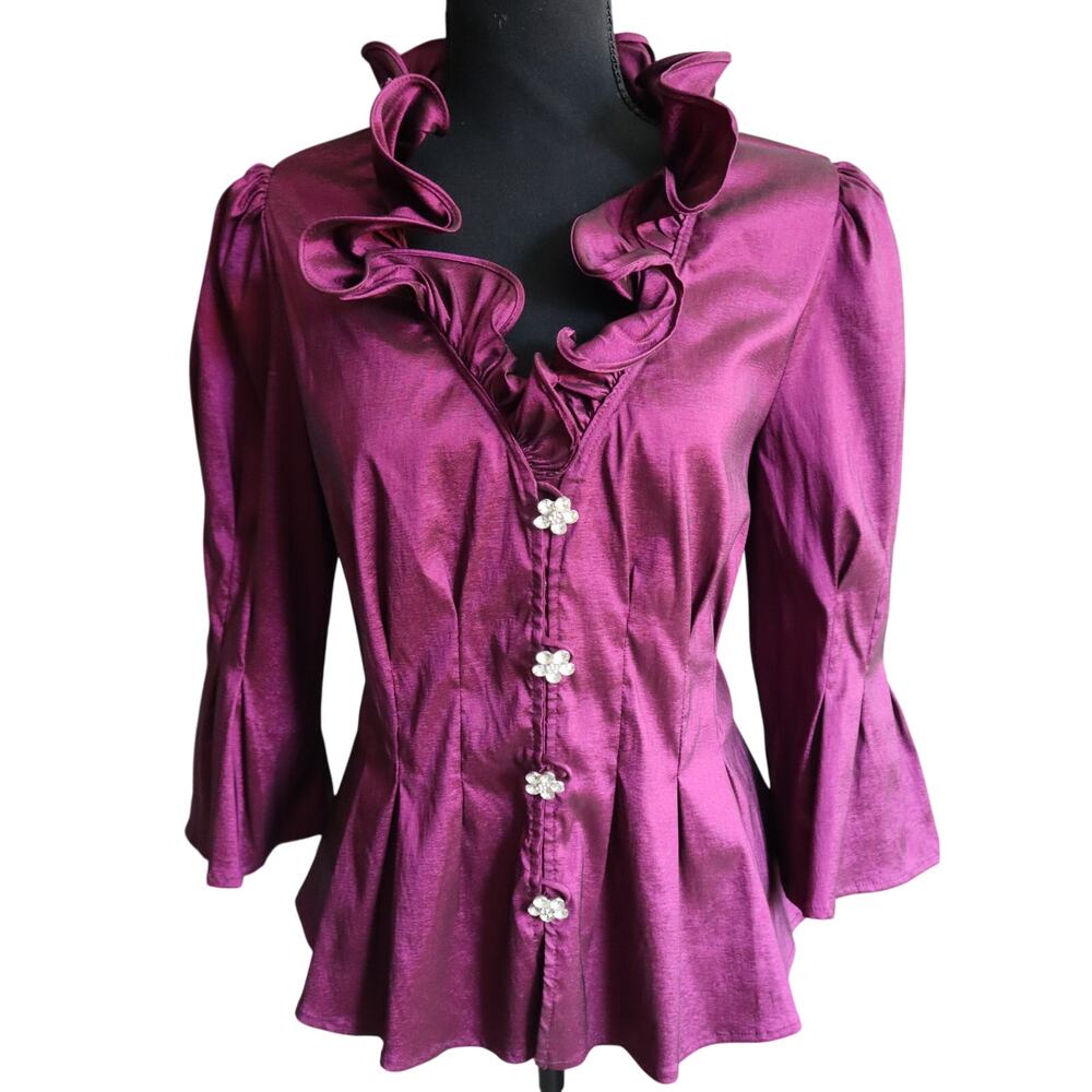 Vintage 90s Chetta B Magenta Purple Taffeta Ruffle Neck Blouse Bell Satin 10